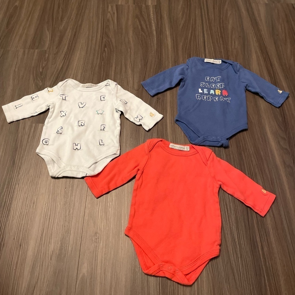 Mother’s Promise Cozy Kids Bodysuit Trio - Blue, Red, and White size 3/6M